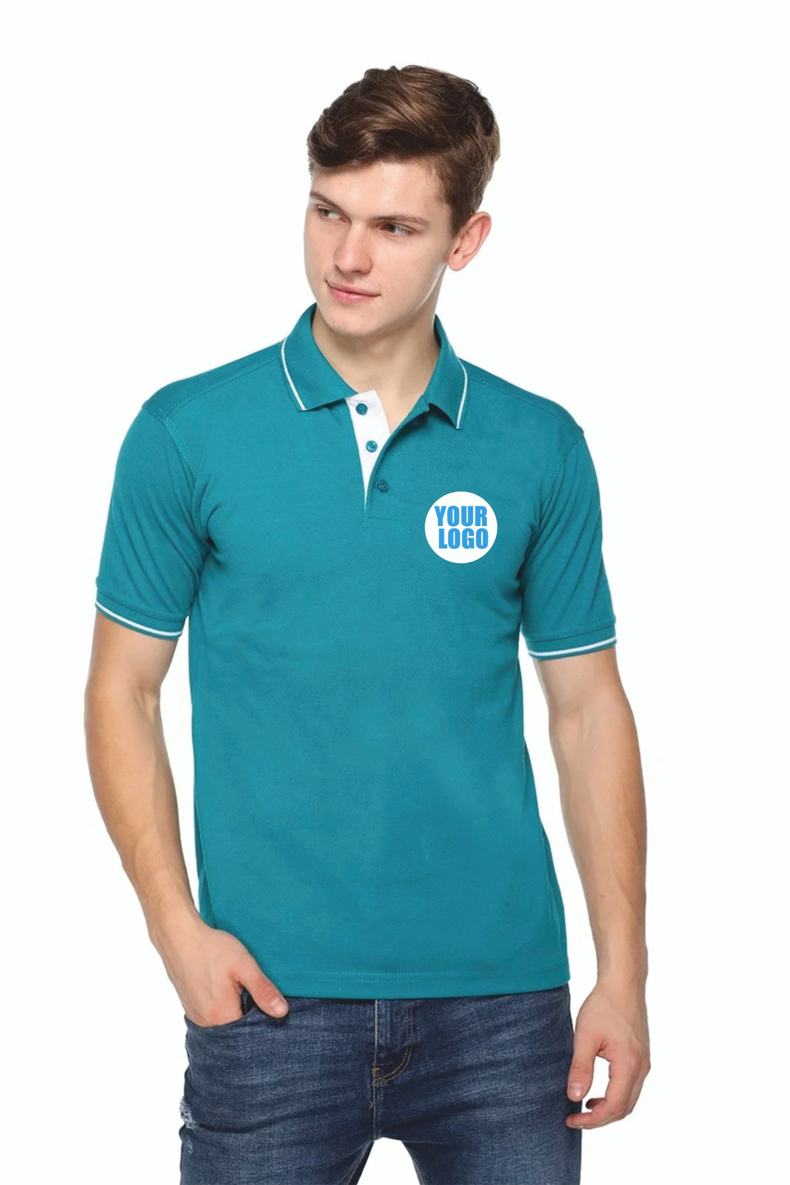 Aqua Blue -Custom Pikmee Highline Polo White rib line T-shirt