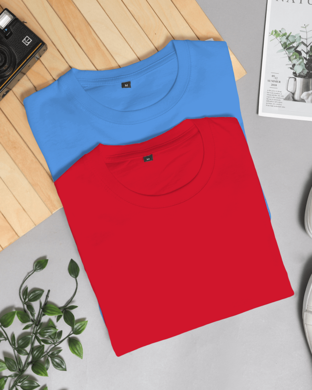 Sky Blue & Red-Plain Combo T-Shirt